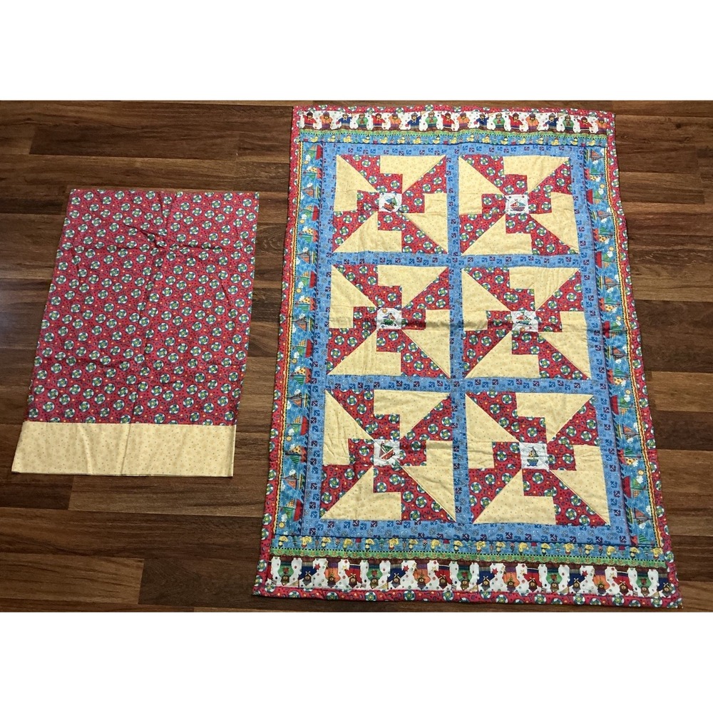 Handmade Pinwheel Nautical/Sailboat Themed Patchwork Quilt+Standard Pillow Case